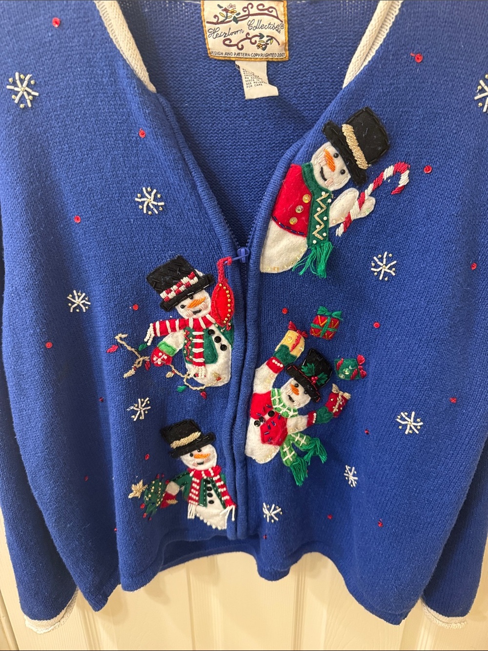Heirloom Collectibles Women's Royal Blue Snowman Embroidered Cardigan